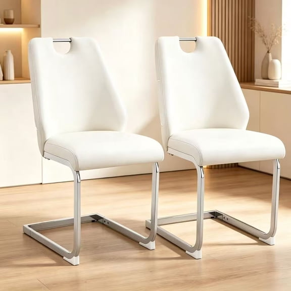 Hosnnlie Set of 2 White Dining Chairs, Arch Cutout, Diamond Tufted, Chrome Base, for Small Dining Space