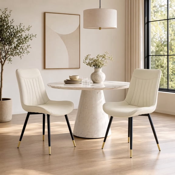 Hosnnlie Set of 2 White Dining Chairs, Fluted Tufted Back, Tech Fabric, Gold Anti-Slip Caps, for Small Space