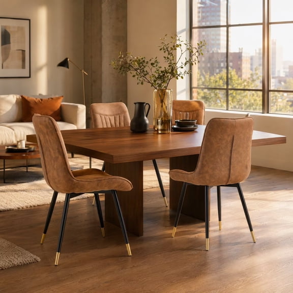 Hosnnlie Set of 4 Brown Dining Chairs, Fluted Tufted Design, Tech Fabric, Black Metal Legs + Gold Caps, for Kitchen