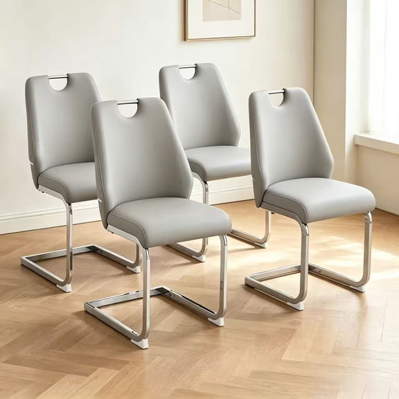 Hosnnlie Set of 4 Light Grey Dining Chairs, Arch Cutout, Diamond Tufted Back, Cantilever Chrome, for Living Room