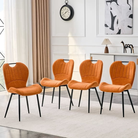 Hosnnlie Set of 4 Orange Shell Dining Chairs, Heart Back, Tufted, Black Metal Legs, for Dining Room Apartment