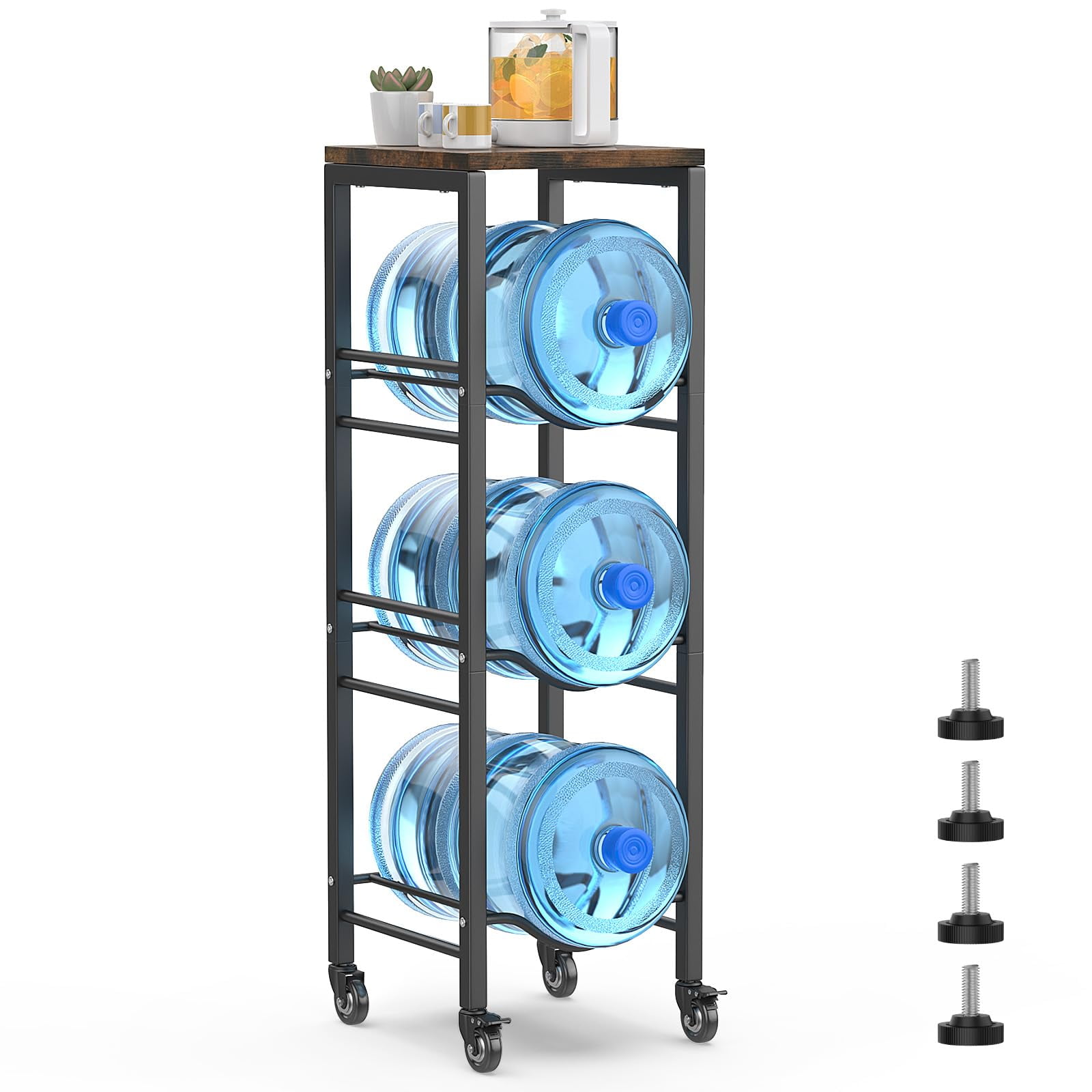 Housolution 3-Tier 5 Gallon Water Jug Holder with Storage Shelve, 5 Gallon Water Jug Rack with Lockable Wheels, 5 Gallon Water Bottle Holder, Water Jug Stand for Kitchen Office Living Room, Brown