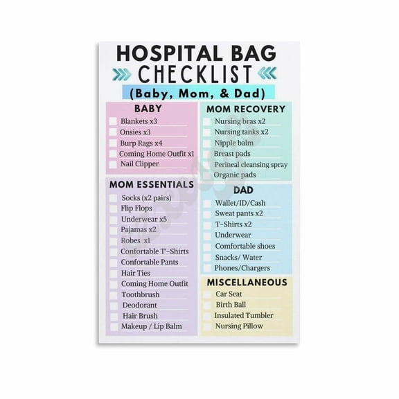 Hospital Bag Checklist Poster Clinic Labor And Delivery Prep Guide Wall Art (1) Canvas for Living Room Bedroom Decor