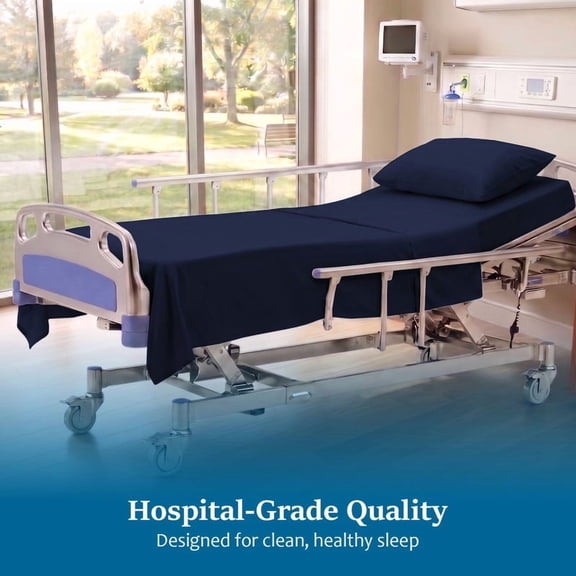 Hospital Bed Sheet Set – 100% Egyptian Cotton, 3 Piece Bedding Set (1 Flat Sheet, 1 Fitted Sheet, 1 Pillowcase) – Size 36 x 80 Inch Hospital Bed with 12 Inch Deep Pocket – Navy Blue Solid