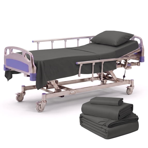 Hospital Bed Sheet Set – 100% Microfiber, 3 Piece Bedding Set (1 Flat Sheet, 1 Fitted Sheet, 1 Pillowcase) – Size 36 x 80 Inch Hospital Bed with 10 Inch Deep Pocket – Dark Grey Solid