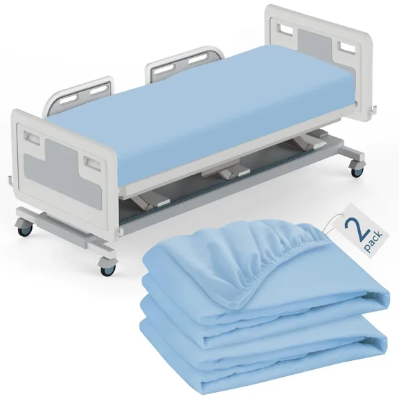 Hospital Bed Sheets Fitted 36" x 80" x 9", 2 Pack Blue Hospital Bed Fitted Sheets for Home & Hospital Care Beds, Soft Hospital Bed Sheets with Elastic All Around