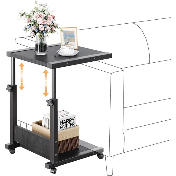 Hospital Bedside Table with Wheels Adjustable Height Sofa Side, Rolling Hospital Table, Mobile Computer Desk Laptop Table for Living Room, Bedroom & Office, Black