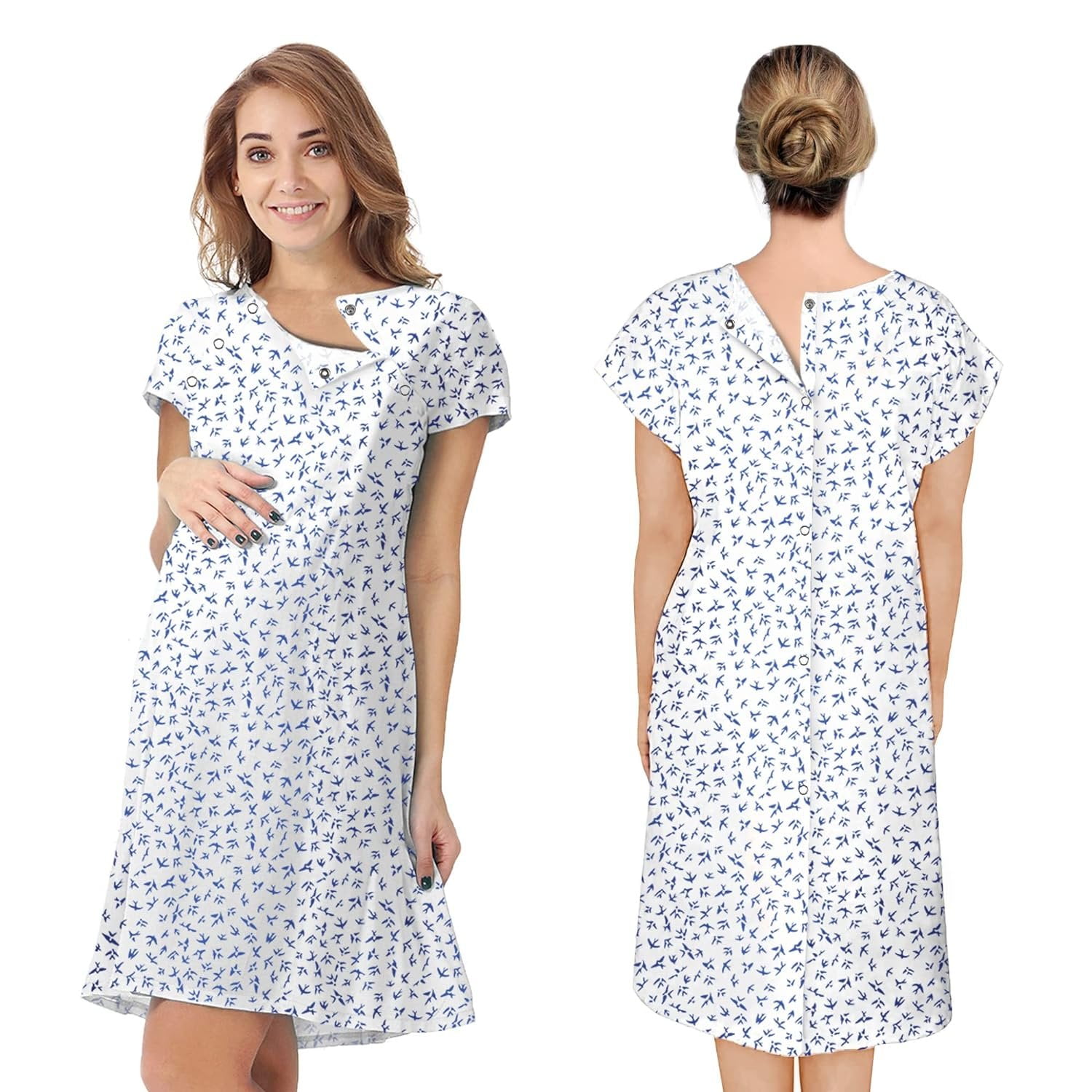 Hospital Gowns for Women, Pack of 3 Small White Patient Gowns with Bird