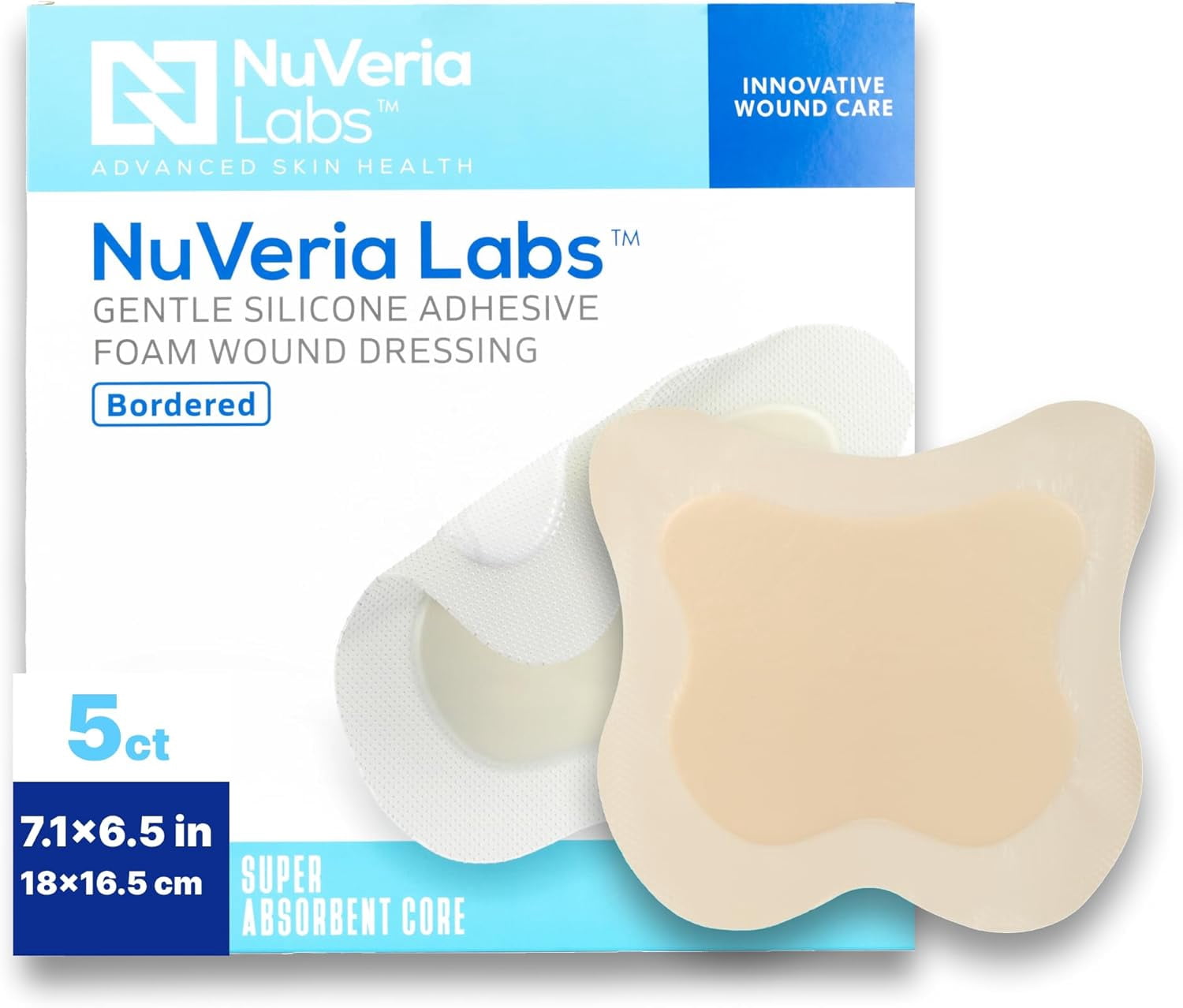NuVeria Labs Sacral Bordered Silicone Foam Wound Dressing, 7x7