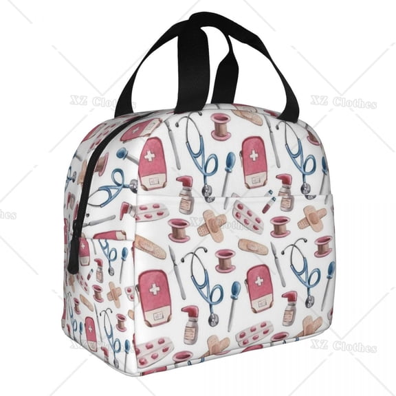 Hospital Medical Pattern Nurse Insulated Lunch Bag Cooler Meal Container Large Lunch Box Tote Bag for Men Women School Picnic