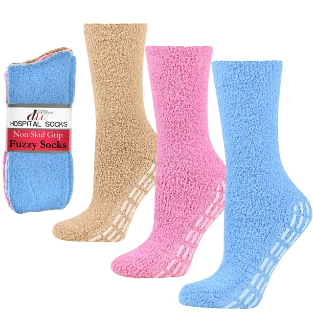 Hospital Socks Women Men Non Skid Gripper Cozy Socks Debra Weitzner 3 Pairs Pink/Beige/Blue
