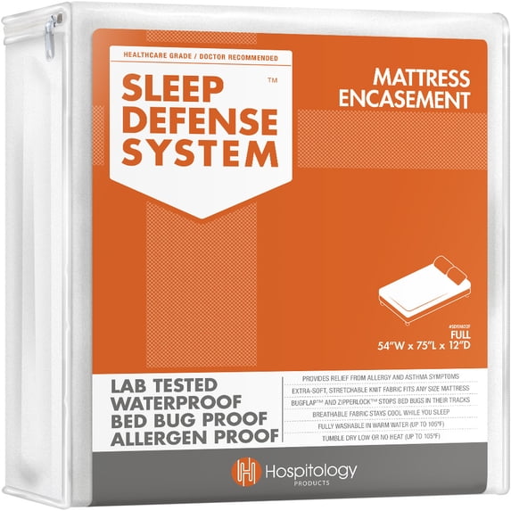 Hospitology Sleep Defense System Mattress Encasement Waterproof Bed Bug Proof Zippered Protector Full 54" W x 75" L - Standard Depth 12"