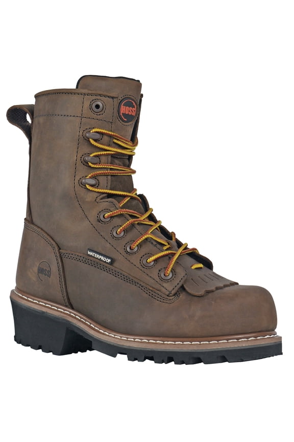 HOSS Men’s Composite Toe Waterproof Logger Work Boot Slip Resistant EH PR Cross Cut Kiltie 8" Brown