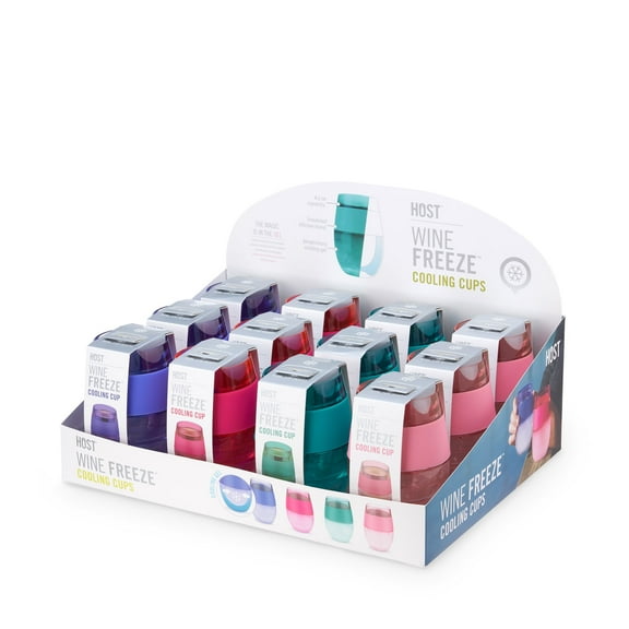 Host Cooling Cup Set of 4 Plastic Double Wall Insulated Freezable Drink Chilling Tumbler with Freezing Gel, Glasses for Red and White Wine, 8.5 oz, Assorted Translucent Colors