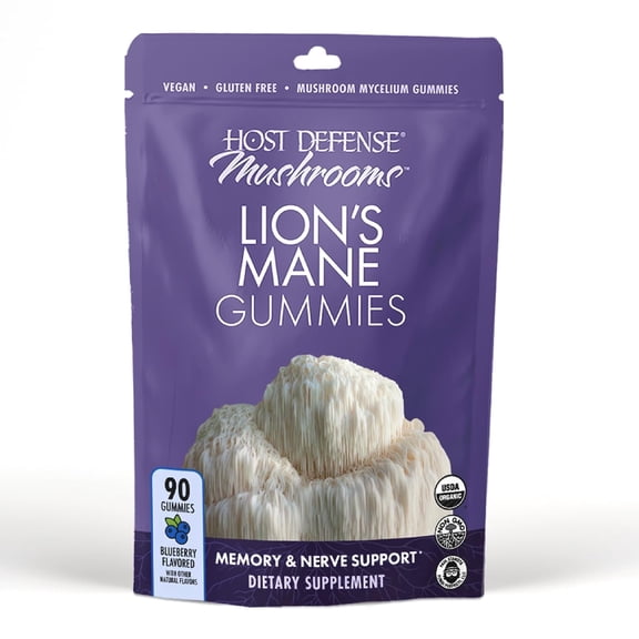 Host Defense Mushrooms Lion's Mane Gummies - Brain Health Support - Mushroom Supplement to Support Focus & Memory Function - Immune & Nervous System Support - Blueberry, 90 Gummies