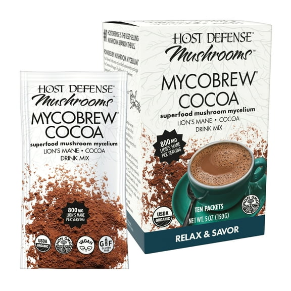 Host Defense, MycoBrew Cocoa Drink Mix, Supports Calm and Relaxation, With Lion's Mane Mushroom, 5oz - 10 Packets (0.5oz each)