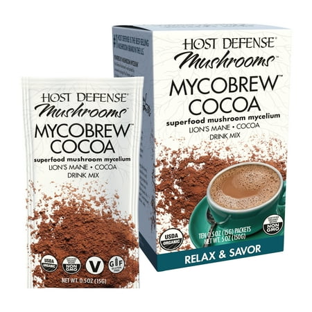Host Defense, MycoBrew Cocoa Drink Mix, Supports Calm and Relaxation, With Lion’s Mane Mushroom, 5oz - 10 Packets (0.5oz each)