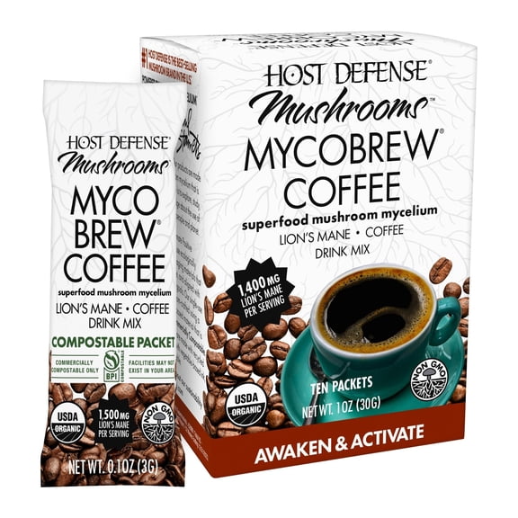 Host Defense MycoBrew Coffee - Awaken and Activate, 10 Packets (10 Servings)