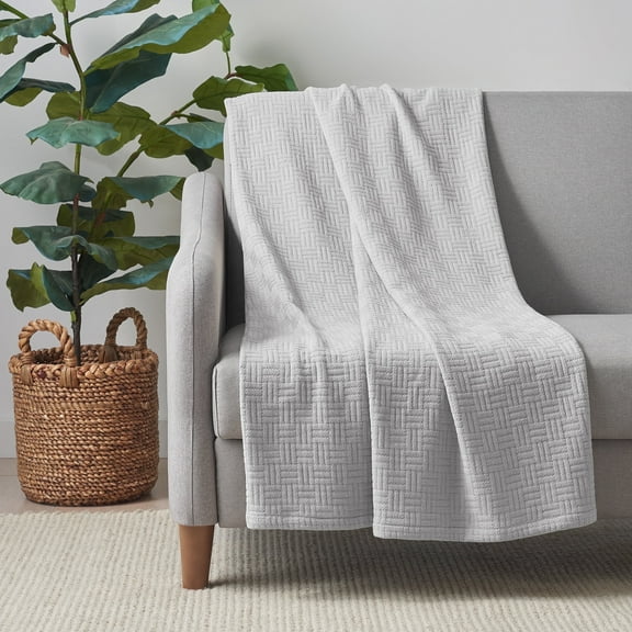 Host & Home 100% Cotton Basketweave Throw, Lightweight Blanket, 300GSM, 50x70, Light Grey