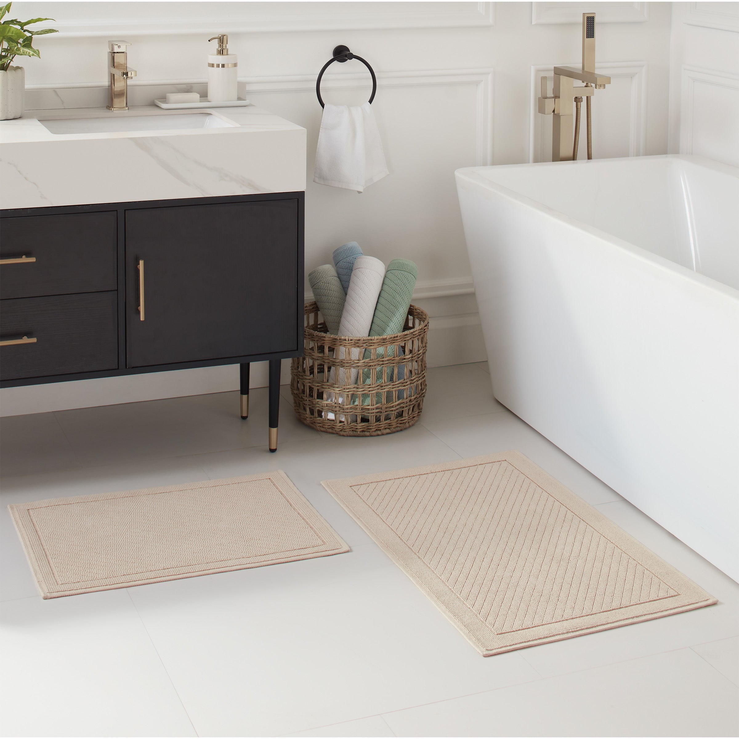 Almond Milk Beige Cotton Bath Rug Set with Non-Slip Backing