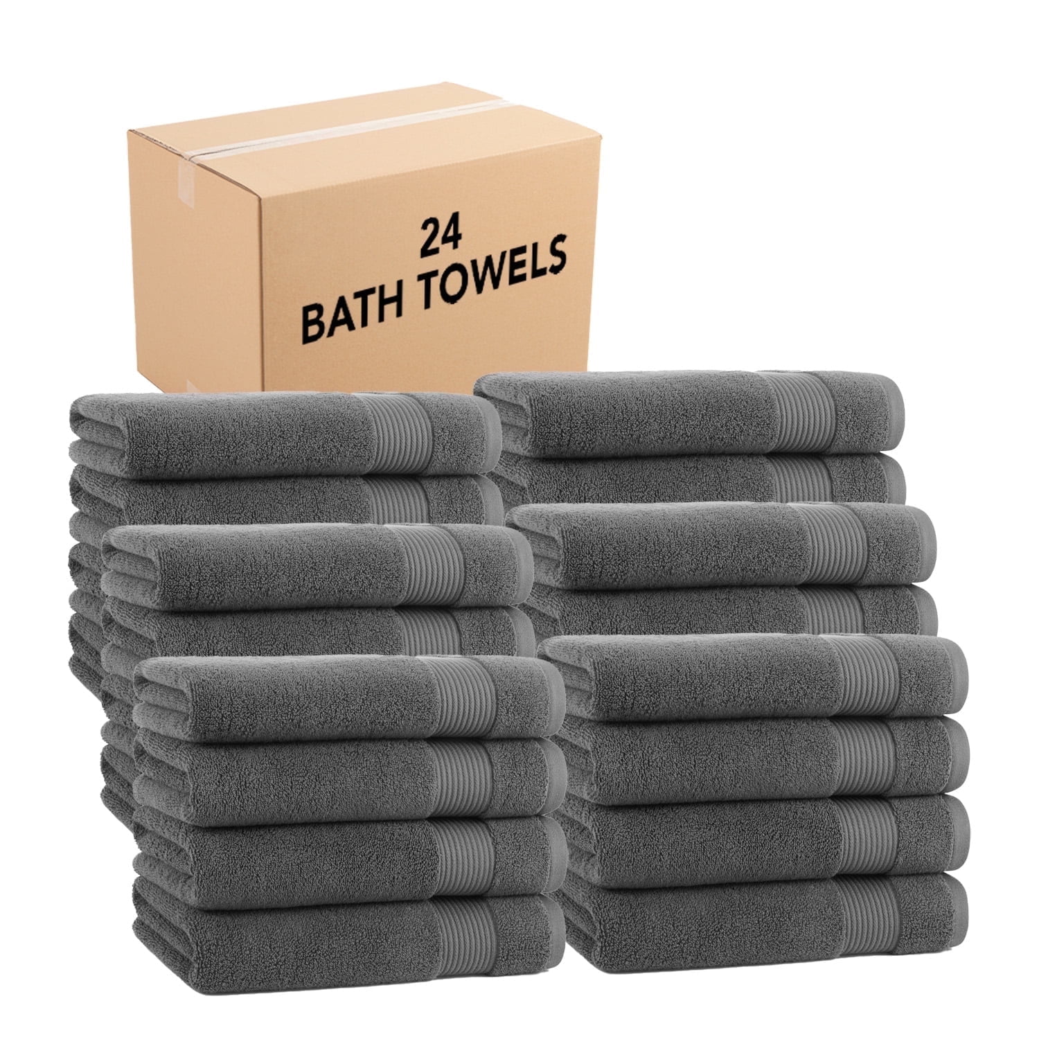 Host & Home Cotton Bath Towels (Bulk Case of 24) - 27x54 in., Soft & Absorbent - Dark Grey