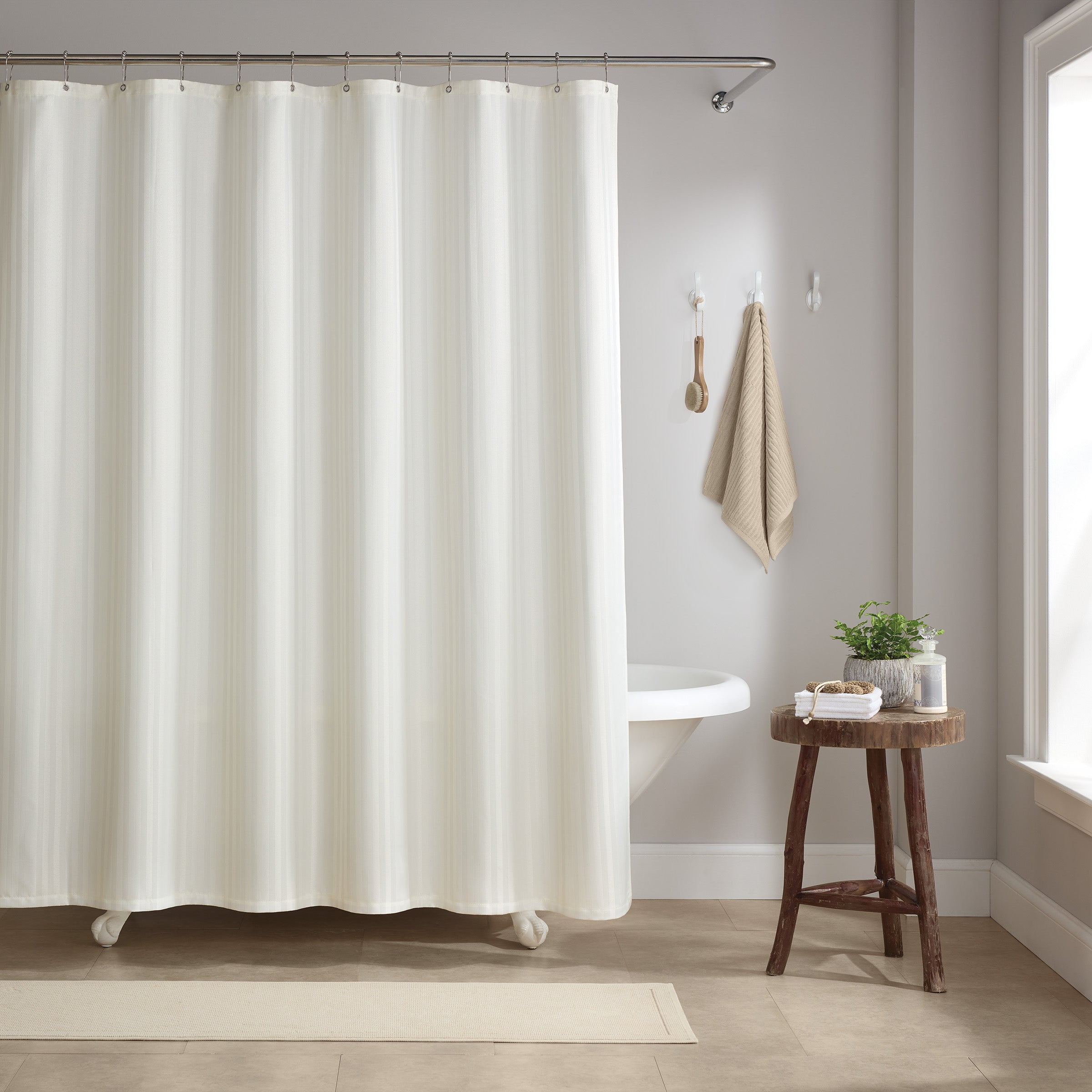 Bright White Polyester Damask Shower Curtain Set with Metal Rings