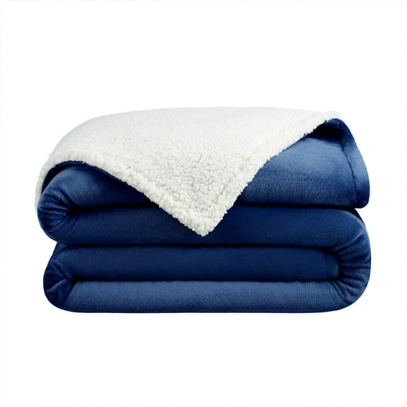 Host & Home Plush Sherpa 2-Sided Blanket, Plush Mink Velvet Face, Plush Sherpa Reverse, Full/Queen 90x90, Navy