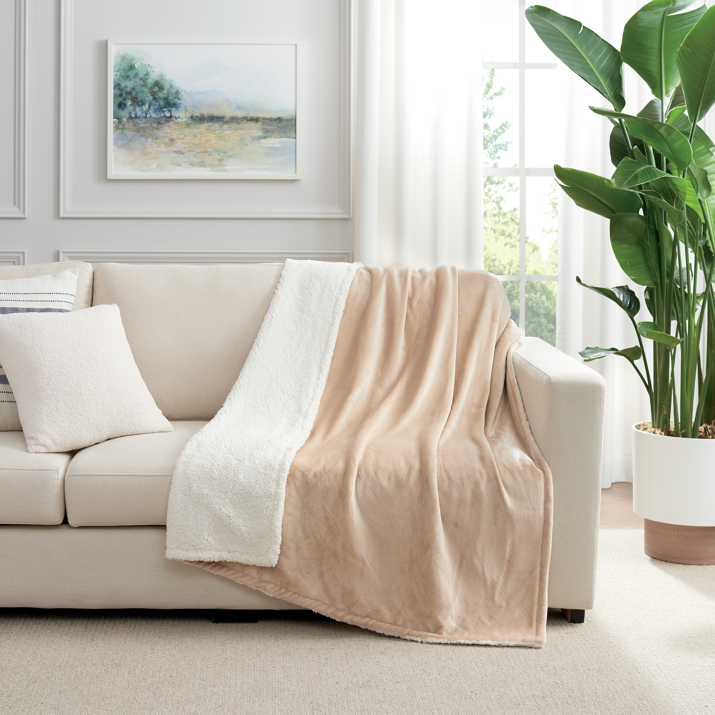 Tan Reversible Plush Sherpa Fleece Throw Blanket 50x60