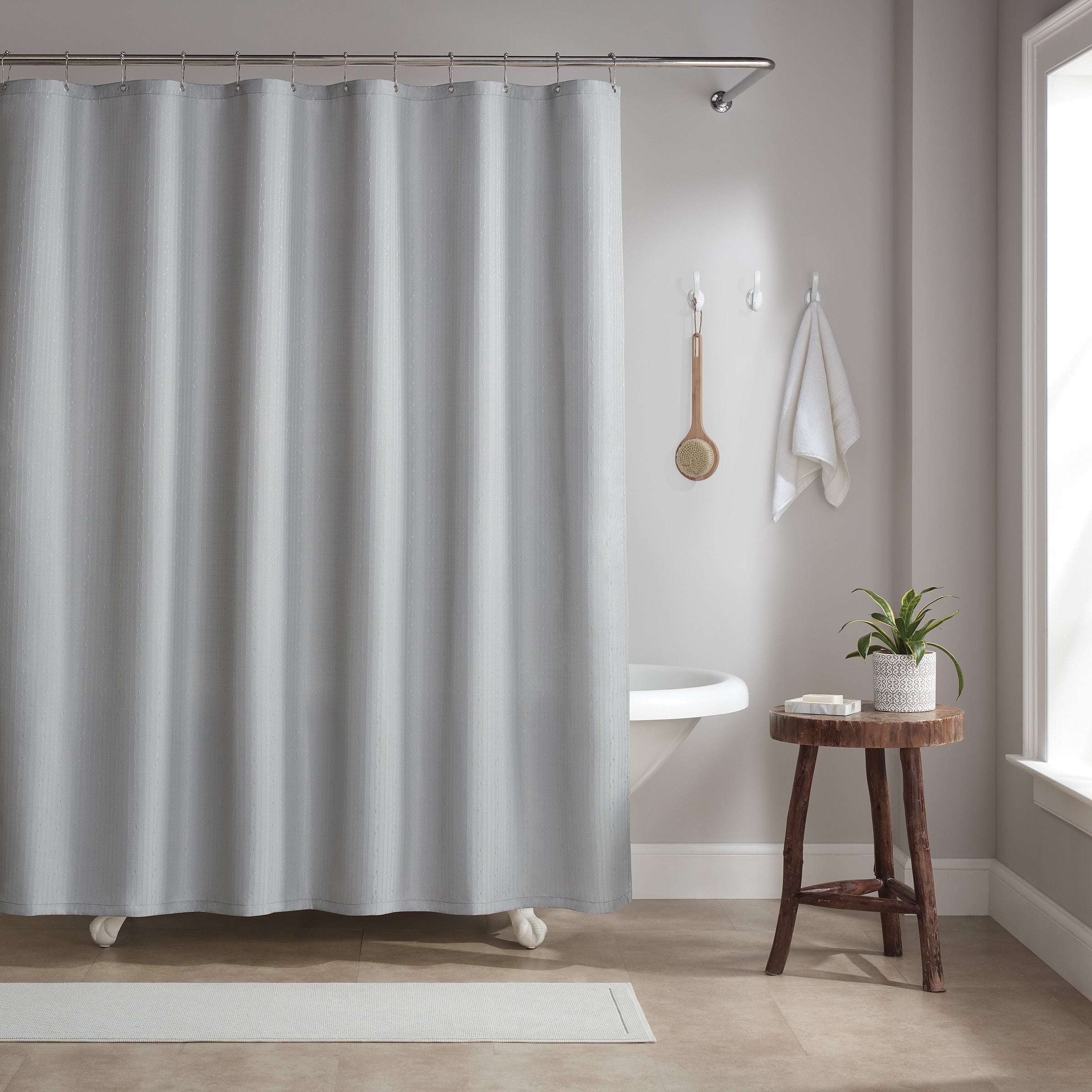 Host & Home Raindrop Stripe Shower Curtain Set, 72x72, with 12 Metal Rolling Rings, Weighted Hem, Rust-Proof Grommets, 100% Polyester Yarn, Light Grey