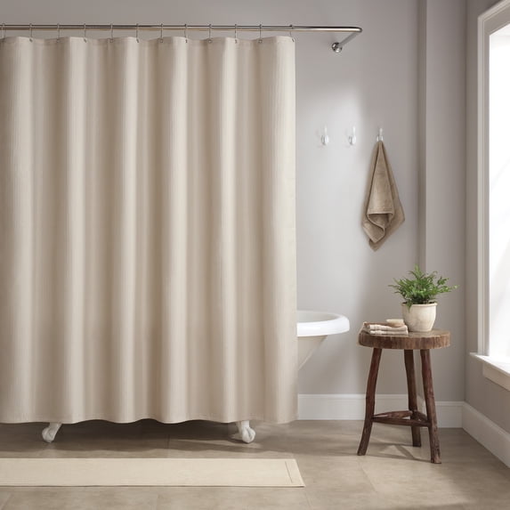Host & Home Raindrop Stripe Shower Curtain Set, 72x72, with 12 Metal Rolling Rings, Weighted Hem, Rust-Proof Grommets, 100% Polyester Yarn, Beige