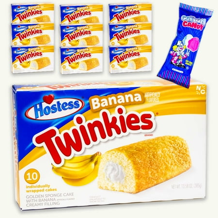 Hostess Banana Twinkies (10pks - 100ct) - Cotton Candy (1, 1.6oz bag) - Gourmet Snack Bundle - 11 Items Total