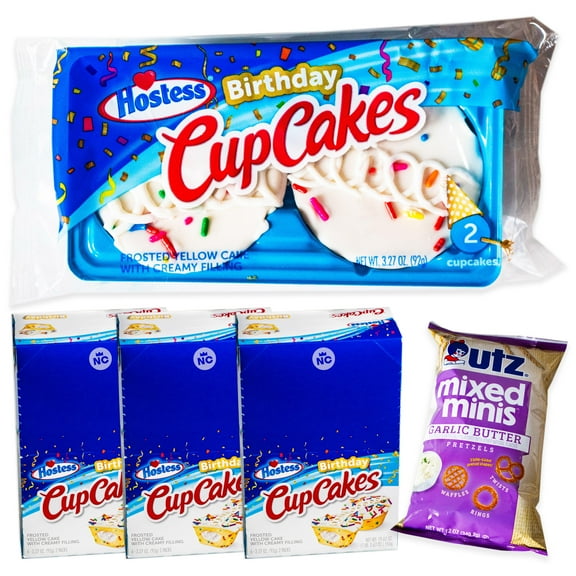 Hostess Birthday Cupcakes Single Serve (18ct, double packs) - Mixed Minis Garlic and Butter Pretzels (1, 12oz bag) - 19 Items Total