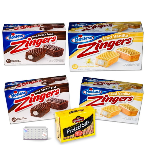 Hostess Chocolate Devil's Food Zingers (2, 10ct pks) - Vanilla Zingers (2, 10ct pks) - 40 Zingers - Pretzel Stix (6, 1oz trays) - 5 Items Total