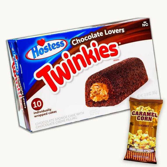 Hostess Chocolate Lovers Twinkies (1, 10ct Pack) - Gourmet Caramel Kettle Popcorn (1, 2oz bag) - Delicious Snack Bundle - 2 Items