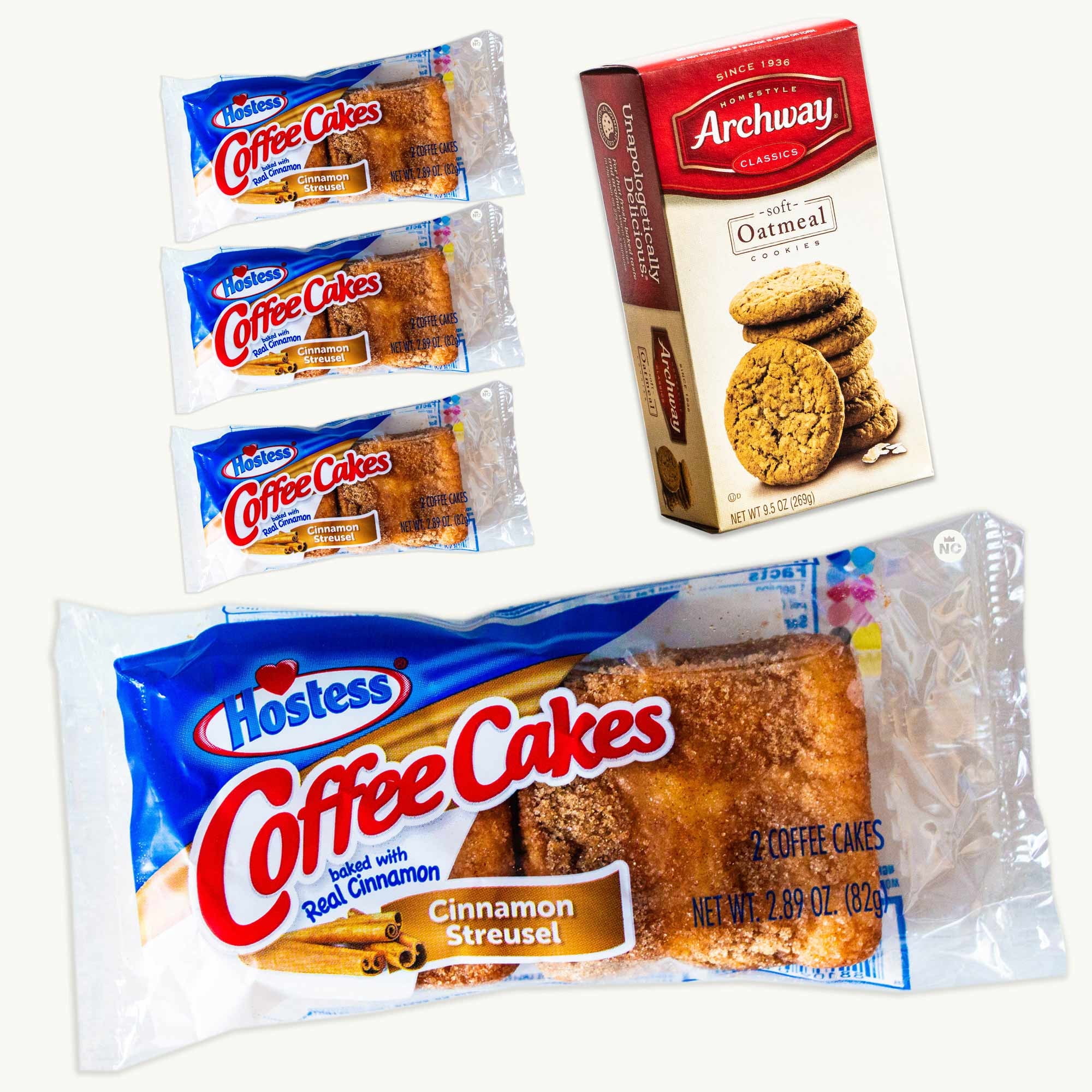 Hostess Cinnamon Coffee Cakes (4, 2ct pks) - Soft Oatmeal Cookies (1, 9.5oz) - Gourmet Snack Bundle - 5 Items