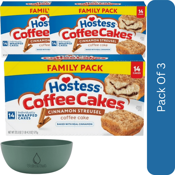 Hostess Coffee Cakes Cinnamon Streusel Snack Cakes, 14 Count (20.25 oz Box)-3pk, With Olive Green Bowl By ValueNest