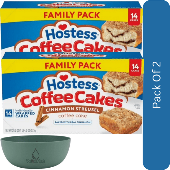 Hostess Coffee Cakes, Cinnamon Streusel Snack Cakes, 14 Count Box (20.25 oz)-2pk, With Olive Green Bowl By ValueNest