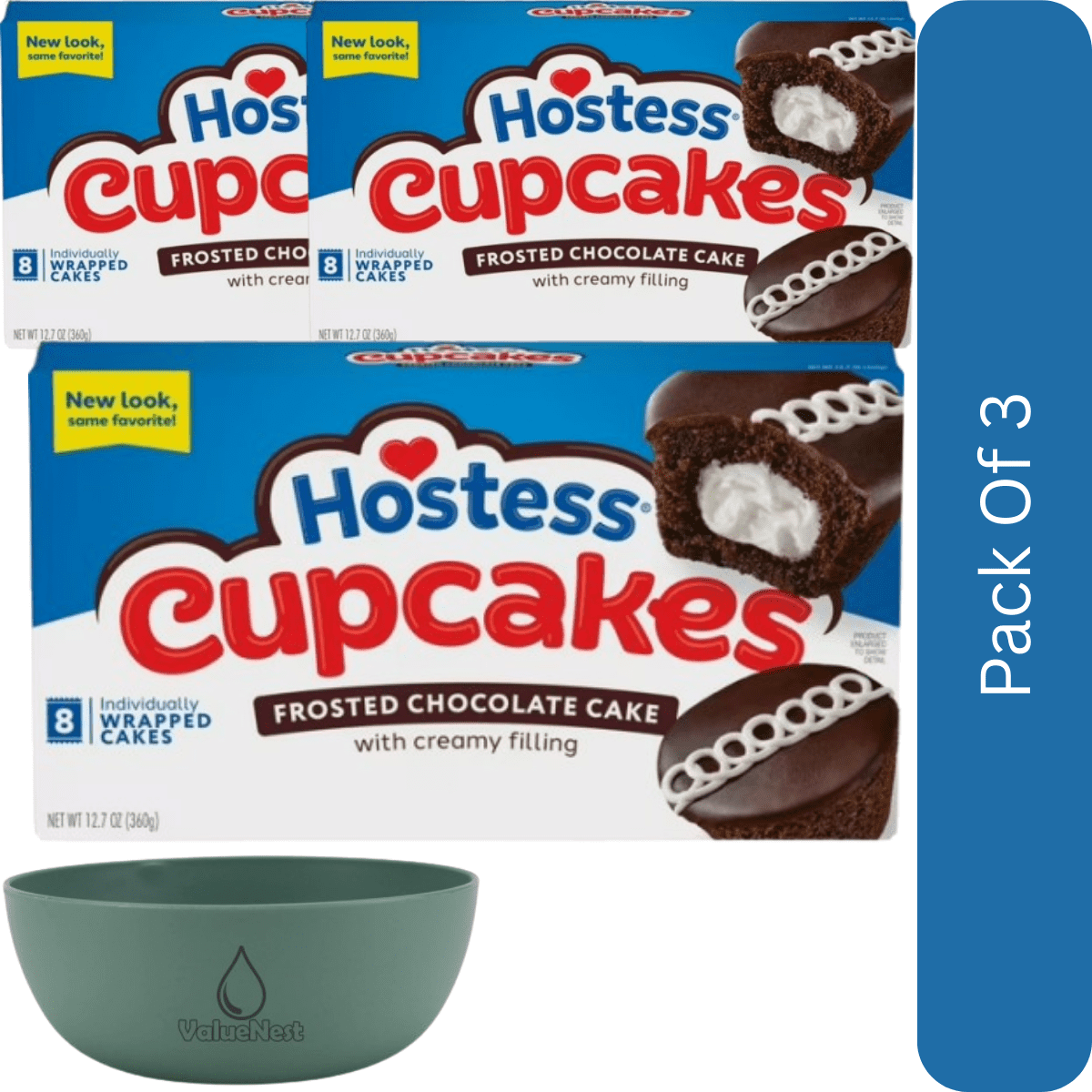 Hostess Cupcakes Chocolate Snack Cakes, Creme Filled, 8 Count Box (12.7 oz)-3pk, With Olive Green Bowl By ValueNest
