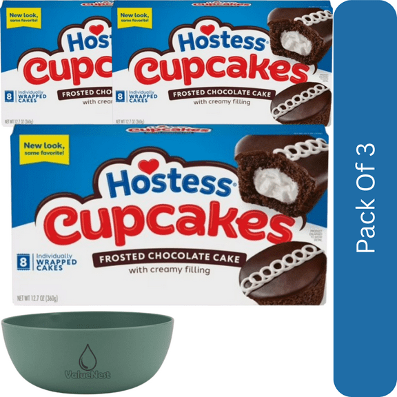 Hostess Cupcakes Chocolate Snack Cakes, Creme Filled, 8 Count Box (12.7 oz)-3pk, With Olive Green Bowl By ValueNest