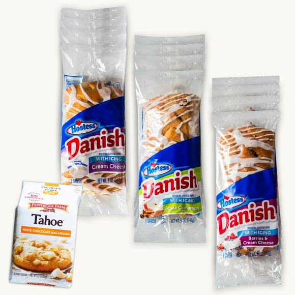 Hostess Danish Variety Pack - Apple Cinnamon (4pks) - Cream Cheese (4pks) - Berries Cream Cheese (4pks) - Tahoe White Chocolate Macadamia Cookies (1, 7.2oz bag) - 13 Items