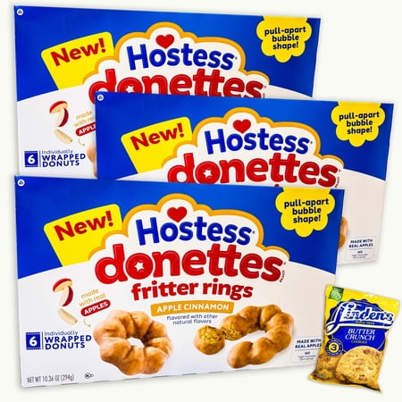 Hostess Donettes Apple Cinnamon Fritter Rings (3 Pack) + Linden’s Butter Crunch Cookies – 4 Items