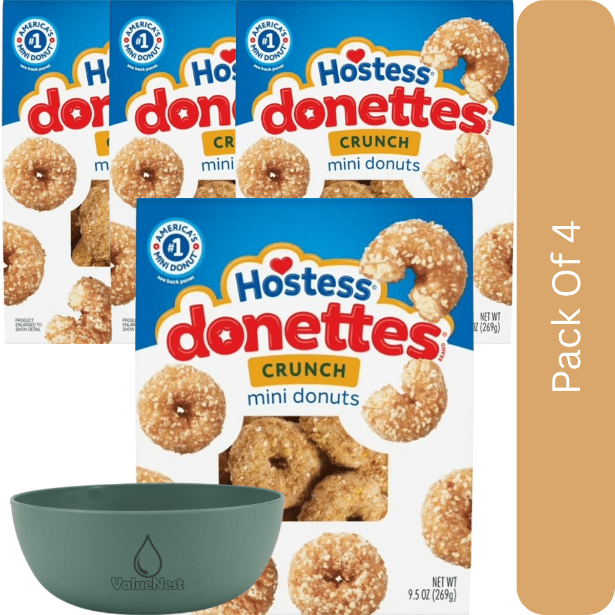 Hostess Donettes, Crunch Mini Donuts, 9.5 oz Bag-4pk, With Olive Green Bowl By ValueNest