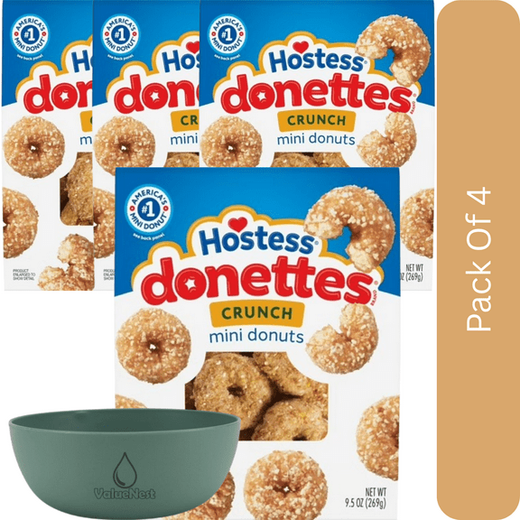 Hostess Donettes, Crunch Mini Donuts, 9.5 oz Bag-4pk, With Olive Green Bowl By ValueNest