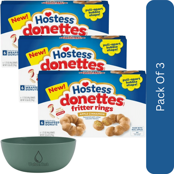 Hostess Donettes Fritter Rings Apple Cinnamon Flavored Donuts, 6 Count Box (10.36 oz)-3pk, With Olive Green Bowl By ValueNest