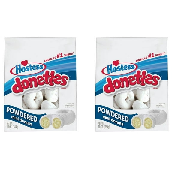 Hostess Donettes - Powdered Mini Donuts - White Cake Dusted With Powdered Sugar - 10 Oz Bag - Pack of 2