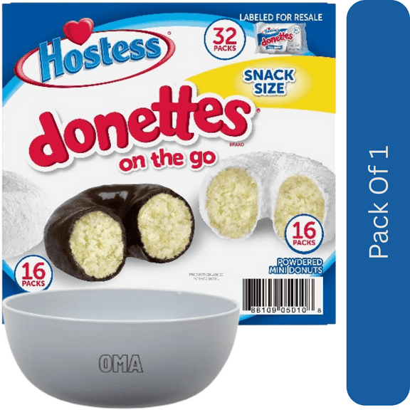 Hostess Donettes Variety Pack Donuts, Snack Size, 1.5 oz., 32 Pack With White Bowl By OMA