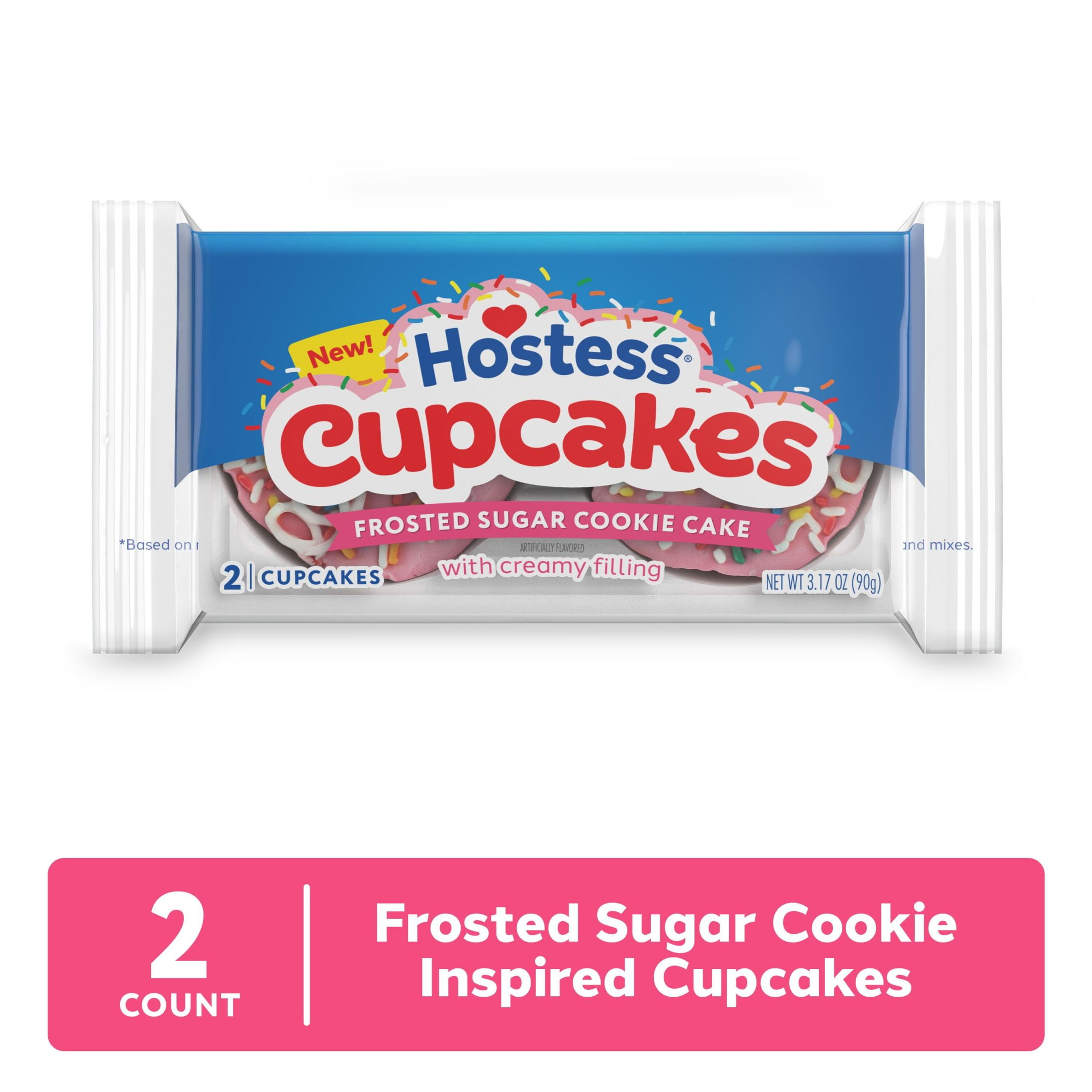 Hostess Cupcakes, Frosted Sugar Cookie Artificially Flavored Snack Cakes, 3.17 oz. Pouch (2 Ct.).  Vanilla Cake.  Sugar Cookie Frosting.  Cream Filled.  Shelf Stable.