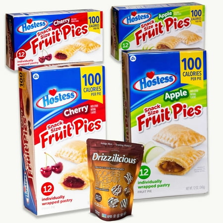 Hostess Fruit Pies Variety Pack - Apple (2pks - 24 pies) - Cherry (2pks - 24 pies) - 48 Snack Sized Fruit Pies - Drizzilicious Cookies Cream Mini Rice Cakes (4oz) - 5 Items