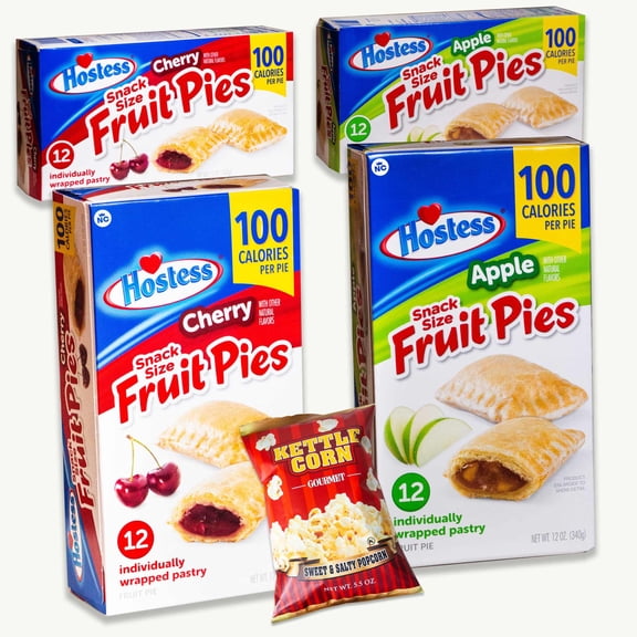 Hostess Fruit Pies - Variety Pack - Apple (2pks - 24 pies) - Cherry (2pks - 24 pies) - 48 Snack Sized Fruit Pies - Sweet and Salty Kettle Popcorn (5.5oz) - 5 Items