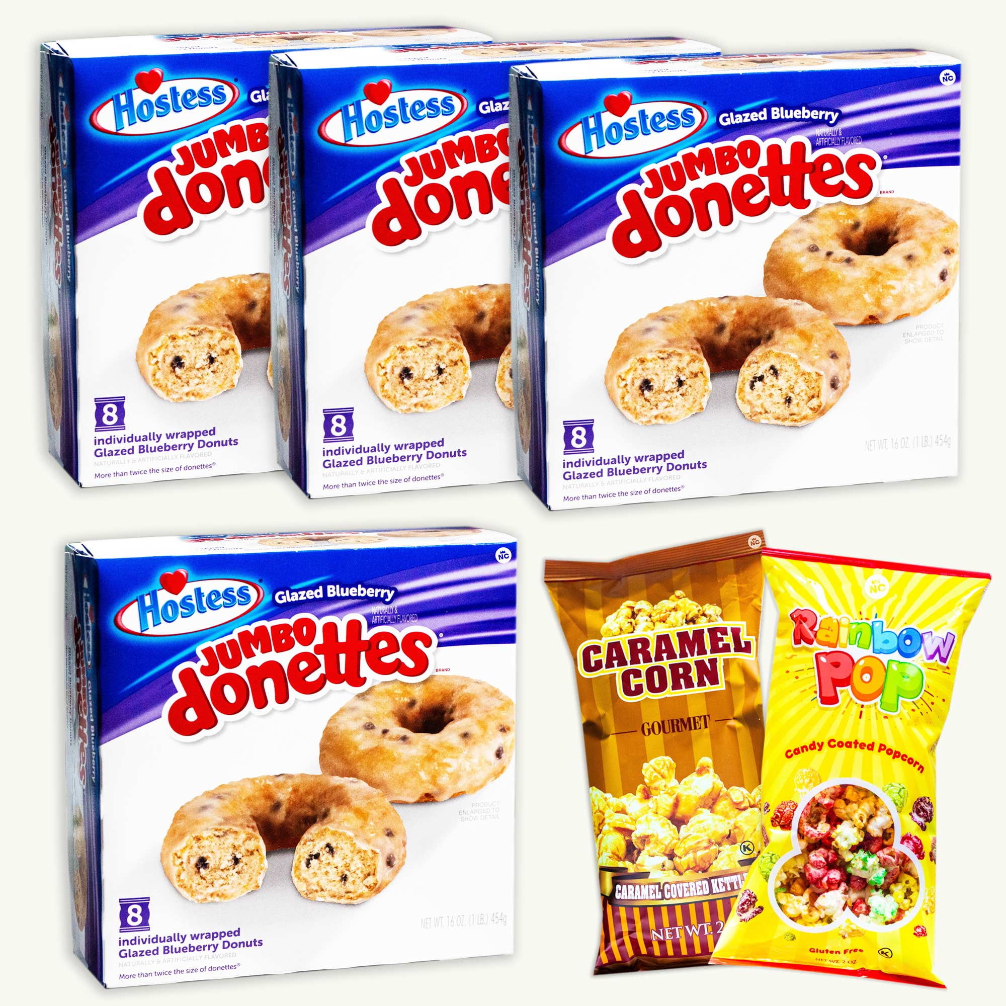 Hostess Glazed Blueberry Jumbo Donettes (4, 8ct packs) - Rainbow Popcorn 2oz, Caramel Kettle Popcorn 2oz - 6 Items